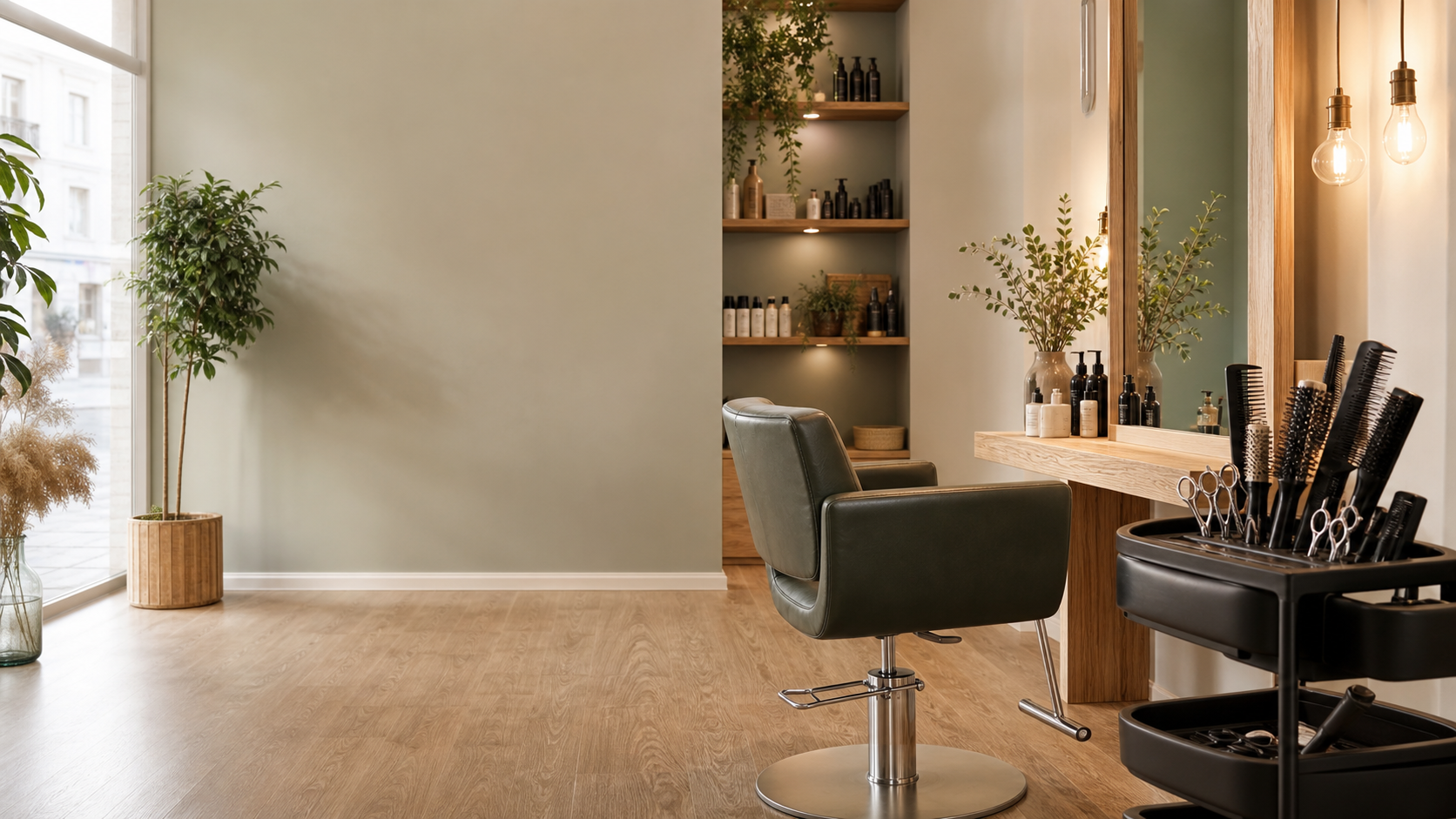 Warmer Coiffeur-Salon mit Stylingstuhl, Spiegel und Werkzeugen